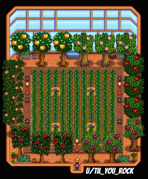 Stardew valley greenhouse resui River Land Farm Stardew, Stardew Greenhouse, Stardew Valley Greenhouse, Stardew Farm Ideas, Stardew Design, Stardew Layout, Stardew Valley Design, Stardew Valley House, Stardew Valley Farm Ideas