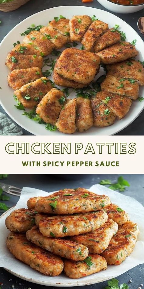 Chicken Patties with Spicy Pepper Sauce Ingredients: For the Chicken Patties: 2 chicken breasts (750 grams), finely minced or ground 1 onion, finely chopped Ezoic A handful of parsley, finely chopped 2 cloves of garlic, minced 1 egg Ground Chicken Patties, Recipe For Chicken, Chicken Patties, 15 Minute Meals, Winner Winner Chicken Dinner, Hearty Dinner, Meal Prep For The Week, Pepper Sauce, Ground Chicken