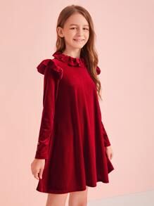 Girls Keyhole Back Ruffle Detail Velvet Dress 15.00 USD Cord Pinafore Dress, Girls Sports Clothes, Girls Velvet Dress, Cord Dress, Kids Frocks Design, Girls Frock Design, Kids Frocks