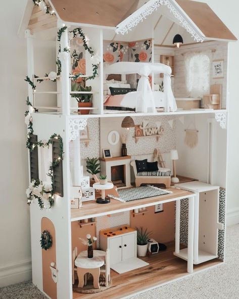 Refinished Doll House, Doll House Inspiration, Kid Craft Dollhouse Makeover, Kidkraft Dollhouse Makeover, Barbie Dream House Makeover, Barbie Dollhouse Diy, Dollhouse Upcycle, Dollhouse Renovation Diy, Dollhouse Plans Free