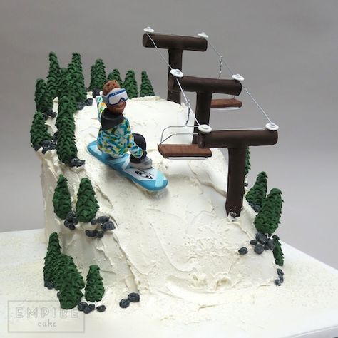 Snowboarder - Empire Cake Snowboard Cake Ideas, Ski Cake Ideas Birthday, Snowboarding Cake Ideas, Skiing Cake Ideas, Ski Cake Ideas, Snowboard Cake, Ski Cake, Mountain Cake, Snow Cake