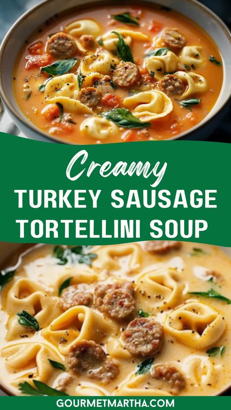 Warm, comforting, and bursting with flavor, this creamy turkey sausage tortellini soup is the ultimate cozy meal. Tender tortellini, hearty turkey sausage, and rich, creamy broth make it perfect for chilly days or any night you crave something soul-soothing. Try this delicious recipe, perfect for any occasion #TurkeySausageSoup #TortelliniSoup #CreamySoup #ComfortFood #EasyDinnerRecipe #WeeknightMeals #SoupSeason #FamilyDinner #OnePotMeals #HeartySoup Ground Turkey Tortellini Recipes, Turkey Sausage Soup Recipes, Soup With Turkey Sausage, Hot Turkey Sausage Recipes, Turkey And Sausage Soup, Creamy Tortellini Soup With Sausage, Turkey Tortellini Soup, Turkey Sausage Soup, Crockpot Tortellini Soup