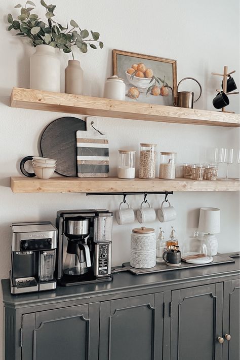 Coffee Bar White Cabinets, Chair Rail In Kitchen, Home Diy Projects Kitchen, Coffee Bar Asthetic Picture, Kitchen Nook Shelving Ideas, Styling A Buffet In Kitchen, Kitchen Open Shelving Coffee Bar, Styling Coffee Bar Shelves, Decorative Shelf In Kitchen