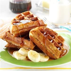 Peanut Butter and Banana Waffles Recipe | Taste of Home Kids Breakfast Recipes, Yeast Waffle Recipe, Waffles With Nutella, Banana Waffle Recipe, Banana Sauce, Sourdough Waffles, Oatmeal Waffles, Fruity Recipes, Banana Waffles