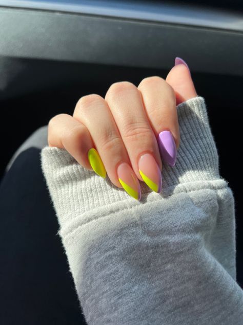 Purple Neon Yellow Nails, Purple And Lime Green Nails, Lavender And Yellow Nails, Purple And Yellow Nails Designs, Nails Purple And Yellow, Purple Yellow Nails, Green Purple Nails, Purple And Yellow Nails, Green And Purple Nails