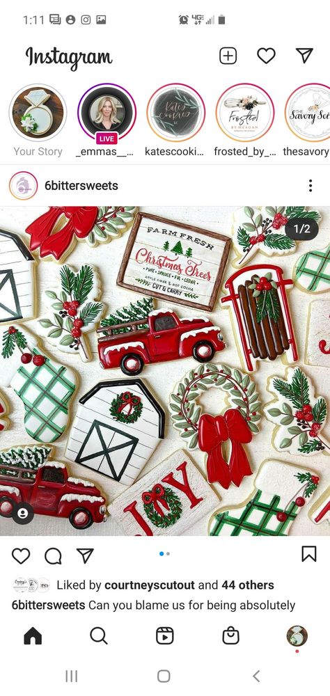 Country Christmas Cookies Decorated, Christmas Cutout Cookies, Farm Cookies, Christmas Sugar Cookies Decorated, Cookie Recipes Decorating, School Christmas Party, Sugar Cookie Cakes, Christmas Cutouts, Christmas Farm