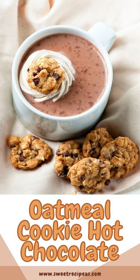 Warm oatmeal cookies fresh out of the oven meets hot chocolate to form this amazing comforting Oatmeal Cookie Hot Chocolate. For more recipes follow me here on Pinterest. Hot Chocolate Oatmeal, Chocolate Oatmeal Cookies, Hot Chocolate Recipe, Chocolate Oatmeal, Oatmeal Cookie, Oatmeal Chocolate Chip Cookies, Hot Chocolate Recipes, Cookie Mix, Punch Recipes