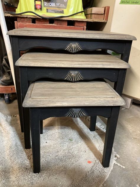 These nesting tables were given to us to update. We went back and for about what color should we paint them and should we distress them. In the end, it was one of the few pieces of furniture that we didn’t distress. They started off a very dark green base and the top was basically natural. The top did have a gloss to it and was very unappealing. There are actually 3 tables. Not sure where the small table was. Probably being painted. The pieces were given a good sanding. The bottom Painted Nesting Tables Ideas, Table Renovation, Painted Nesting Tables, Candle Holder Makeover, Funky Coffee Tables, Coffee Table Upcycle, Diy Tufted Headboard, Suitcase Table, End Table Makeover