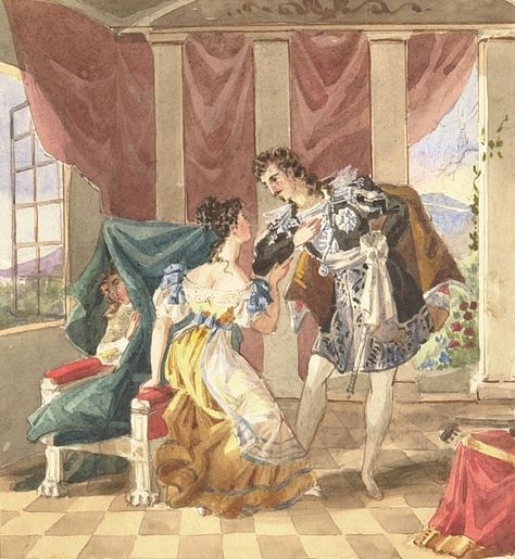 Cherubino hides behind Susanna's chair as the Count arrives (Scene from Act 1 of Mozart's opera Le nozze di Figaro [The Marriage of Figaro])  (Anonymous 19th century watercolor painting) The Marriage Of Figaro, Marriage Of Figaro, Mozart Music, Vienna Philharmonic, Michael Kelly, Too Close For Comfort, The Shawshank Redemption, Summer Music Festivals, Amadeus Mozart