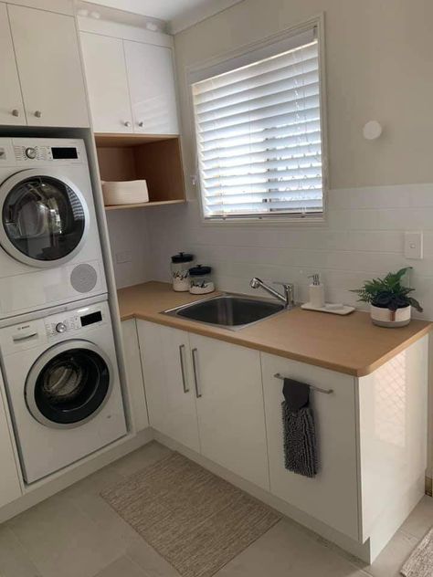 Small Kitchen With Laundry Area, Washing Machine And Dishwasher Stacked, Utility Room Layout, Small Laundry Room With Stacked Machines, Small Wc With Washing Machine, Outhouse Interior, Washing Machine Tumble Dryer Stack Cupboard, Flooring Laundry Room, Loundry Small Room Ikea