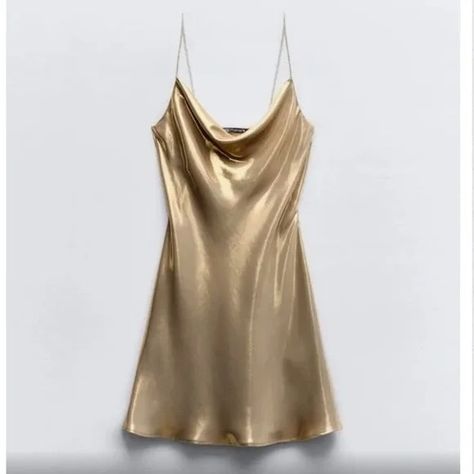 Zara | Dresses | Zara Gold Metallic Slip Dress With Rhinestone Straps | Poshmark Backless Short Dress, Mini Gold Dress, Dirndl Outfit, Barbie Mode, Metallic Mini Dresses, Bandeau Tops, Sleeveless Short Dress, Mini Robes, Mini Dresses For Women