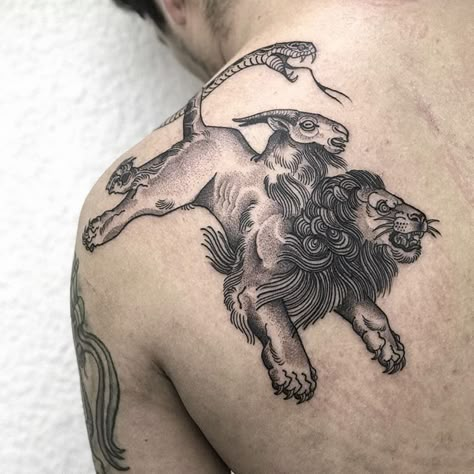 Chimera Tattoo Design, Mando Tattoo, Chimera Tattoo, Roman Tattoos, Chimera Mythology, Ancient Greek Tattoo, Medieval Tattoos, Bw Tattoo, Fairy Tale Tattoo