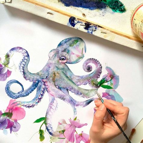 I'm Lola, And Painting Botanical Animals Is My Thing (51 Pics) | Bored Panda My Octopus Teacher, Octopus Painting, Animal Illustration Art, Watercolor Fish, The Octopus, Watercolor Inspiration, Creature Art, Animal Illustration, Animal Paintings