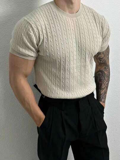 Business Casual Men Summer, Sweater Short Sleeve, Linen Pattern, Classy Outfits Men, Round Neck Sweater, Top Shein, Style Japonais, Fashion Casual Outfits, Round Neck Sweaters