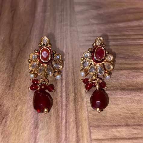 Maroon / Ruby Colored Gold Dangle Indian Earrings With Pearls And Gems Perfect For Indian Pakistani Punjabi Afghan Wedding, Bridal, Bride, Mother Of Bride, Jago, Nika, Reception, Mehendi, Henna, Chunni, Bridesmaids, Maid Of Honor, Wedding Guest, Sangeet, Ladies Sangeet, Engagement, Party, Function, Pictures, Photoshoot, Pre Wedding Shoot, Engagement Photoshoot, Reception Photoshoot, Ethnic, Bollywood, Ring Ceremony, Bridal Shower, Bachelorette, Bride To Be, Sister Of Bride, Sisters, Temple, Guar Reception Photoshoot, Ladies Sangeet, Pakistani Earrings, Stained Glass Earrings, Hindu Ceremony, Afghan Wedding, Indian Rings, Ring Ceremony, Earrings With Pearls