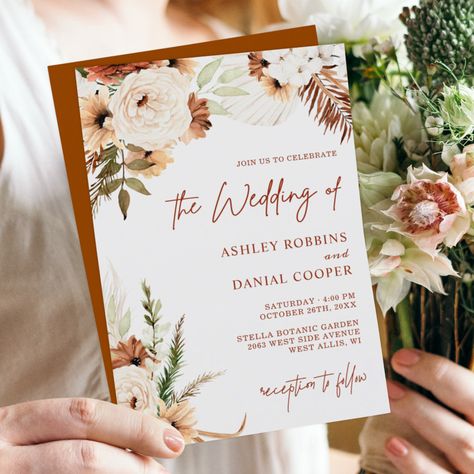 This Terracotta Boho themed wedding invitation features Bohemian Style Flowers with Pampas Grass. It's perfect for the Autumn/Fall Season invites. With Zazzle's easy-to-use design tool, you can easily customize it to be uniquely yours. If you prefer Thicker papers / Matte Finish, you may consider to choose the Matte Paper Type. #fallwedding #autumnwedding Flowers With Pampas, Pelamin Tunang, Boho Themed Wedding, Bohemian Autumn, Boho Wedding Invitation Template, Orange Wedding Invitations, Rustic Boho Wedding, Outdoor Fall Wedding, Botanical Wedding Invitations