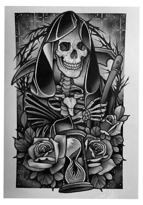 Neo Tattoo, Traditional Tattoo Old School, Grim Reaper Tattoo, Reaper Tattoo, Skulls Drawing, Geniale Tattoos, Sketch Tattoo, Horror Tattoo, Skull Tattoo Design