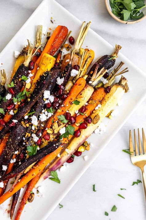 Maple Glazed Rainbow Roasted Carrots Glazed Rainbow Carrots, Autumn Veggies, Fall Vegetables Recipes, Maple Roasted Carrots, Autumn Vegetables, Roasted Rainbow Carrots, Maple Glazed Carrots, Honey Dijon, Rainbow Carrots