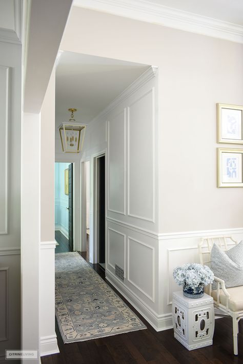 Wall Molding Lighting, Molding Halfway Up Wall, Hallway Moulding Wainscoting, Hallway With Wainscotting, Entry Molding Ideas, Wall Molding Vaulted Ceiling, Wall Trim Hallway, Chair Rail Picture Frame Molding, Wall Molding Ideas Hallways