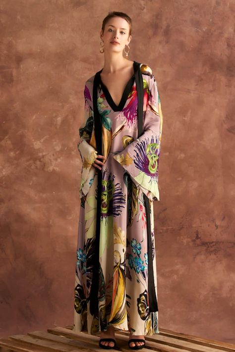 Buy Brown Viscose Crepe Print Tulip Garden V Neck Maisha Bloom Draped Kaftan For Women by Kalista Online at Aza Fashions. Kaftan Styles For Ladies, Boho Kaftans, Kaftan Design, Kaftan Women, Print Motifs, Kaftan For Women, Tulip Garden, Kaftan Designs, Shirt Jacket Men