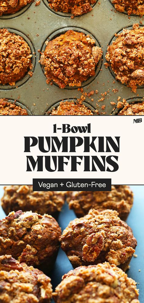 The most AMAZING tender yet fluffy vegan + gluten-free pumpkin muffins with the ideal amount of sweetness and fall spice! And the pecan crumble topping? Hubba hubba! Pumpkin Muffins Vegan, Vegan Gluten Free Muffins, Vegan Pumpkin Muffins, Pecan Crumble, Gluten Free Pumpkin Muffins, Vegan Pumpkin Bread, Muffins Vegan, Minimalist Baker, Gluten Free Flour Blend