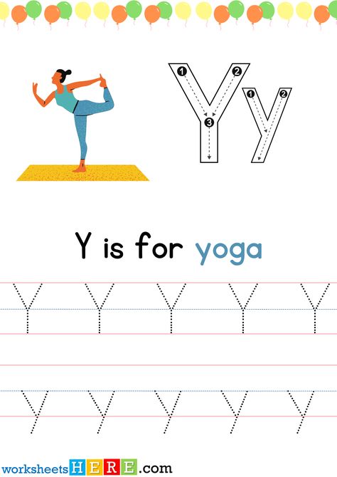 Tracing Letter Y Uppercase and Lowercase PDF Worksheet For Kindergarten - WorksheetsHere.com Y Tracing Worksheet, Y Words List, Y Worksheet, Letter Y Worksheets, Kindergarten Tables, Worksheet For Kindergarten, Words List, Y Words, Letter Y