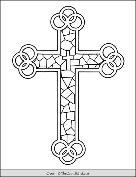 Cross Coloring Page - Stained Glass - TheCatholicKid.com Cross Designs Drawings, Cross Coloring Page, Cross Drawing, Spiderman Coloring, Cat Coloring Book, Geometric Shapes Art, Coloring Pages Inspirational, Geometric Design Art, Cross Art