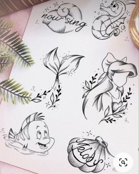 Ursula Tattoo, Ariel Tattoo, Disney Inspired Tattoos, Little Mermaid Tattoo, Disney Sleeve Tattoos, 50 Tattoo, Shell Tattoos, Princess Tattoo, Cartoon Character Tattoos