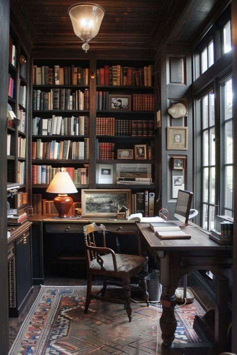 Lawyer Home Office, Men’s Study, Small Office Library Ideas, Home Study Library, Library Office Room Ideas, House Study Room, Office Library Combo, Desk In Front Of Window, Academic Office