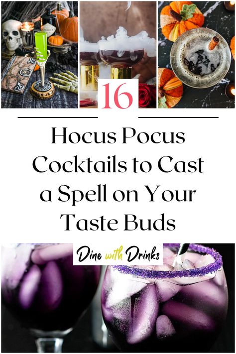 Collage of 4 hocus pocus cocktails. Hocus Pocus Themed Cocktails, Hocus Pocus Mocktail, Hocus Pocus Cocktails Recipes, Hocus Pocus Drinks For Adults, Hocus Pocus Alcoholic Drinks, Hocus Pocus Punch Alcoholic, Hocus Pocus Themed Drinks, Hocus Pocus Drinks For Kids, Hocus Pocus Cocktails