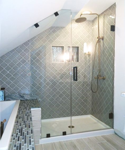 Frameless shower for sloped ceiling bathroom Slanted Ceiling Bathroom, Sloped Ceiling Bathroom, Attic Shower, White Subway Tile Shower, Small Attic Bathroom, Ceiling Bathroom, Loft Bathroom, Tub Shower Doors, Slanted Ceiling