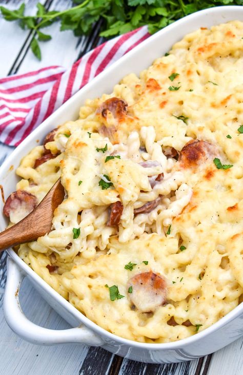 Baked Alfredo Pasta With Kielbasa Creamy Sausage Pasta Bake, Alfredo Pasta With Sausage, Pasta With Kielbasa, Kielbasa Alfredo, Baked Alfredo Pasta, Smoked Sausage Alfredo Bake, Pasta Alfredo Sauce, Baked Alfredo, Alfredo With Sausage