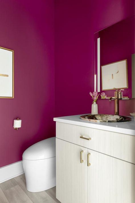 Colorful and Fun | HGTV Magenta Laundry Room, Magenta Wall Color, Magenta Wall Paint, Magenta Paint Colors, Pink Bathroom Paint, Colorful Powder Room, Plum Bathroom, Magenta Paint, Magenta Walls