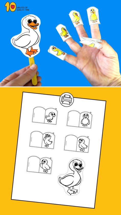 Five Little Ducks Finger Puppets Five Little Ducks Craft, Finger Family Printable, Five Little Ducks Activities, Farm Theme Preschool Activities, Duck Hatching, Printable Puppets, Nursery Rhyme Crafts, Five Little Ducks, Letter D Crafts