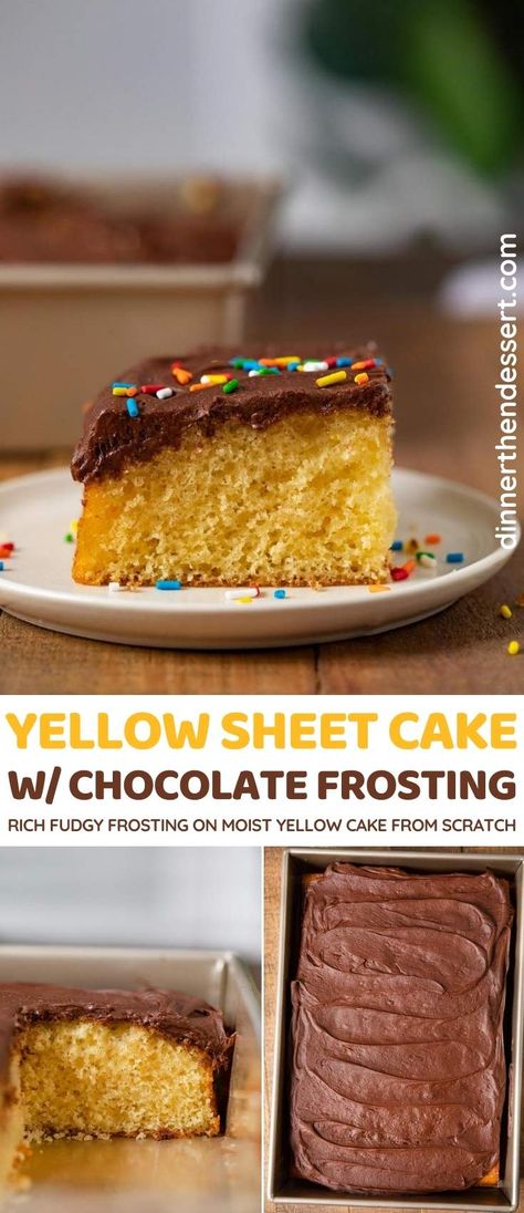 Yellow Sheet Cake with Chocolate Frosting is an easy, kid friendly dessert with rich, fudgy chocolate frosting and classic yellow cake recipe from scratch! #dessert #cake #yellowcake #sheetcake #chocolatefrosting #dinnerthendessert Yellow Cake Recipe From Scratch, Yellow Cake From Scratch, Yellow Sheet Cake, Cake Recipe From Scratch, Cake With Chocolate Frosting, Kid Friendly Dessert, Yellow Cake Recipe, Chocolate Frosting Recipes, Homemade Snickers