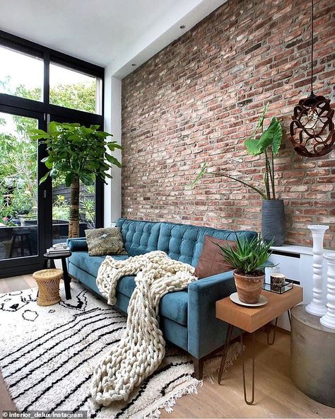 Brick Wall Ideas, Brick Wall Living Room, Brick Living Room, Loft Inspiration, Blue Couch, Brick Interior, Exposed Brick Walls, Front Yard Landscaping Ideas, Yard Landscaping Ideas