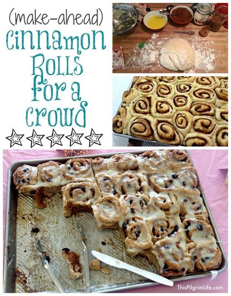 (Make-Ahead) Cinnamon Rolls for a Crowd | A recipe to feed a lot of hungry people homemade cinnamon rolls for breakfast or snack or dessert! #cinnamonrolls #dessert #breakfast #foracrowd #baking #recipe #thispilgrimlife Cinnamon Rolls For A Crowd, Rolls For A Crowd, Brunch Ideas For A Crowd, Camping Food Make Ahead, Breakfast For A Crowd, Dessert Simple, Make Ahead Desserts, Cooking For A Crowd, Weight Watchers Desserts