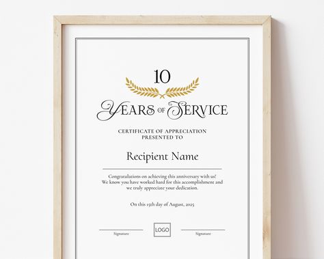 10 Years of Service Anniversary Award Certificate of Appreciation Employee Recognition Editable Certificate Template Digital Download Jet334 Employee Appreciation Awards, Editable Certificates, Awards Certificates Template, Certificate Of Appreciation, Employee Recognition, Service Awards, Gift Certificate Template, Certificate Of Completion, Employee Appreciation