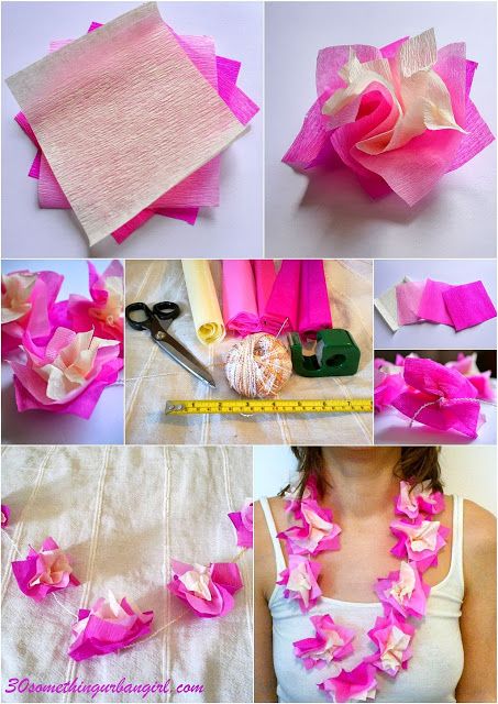 DIY: How to make paper Hawaii lei, necklace Hawaii Costume, Flower Necklace Diy, Hawai Party, Hawaii Lei, Hawaii Crafts, Hawaiian Costume, Hawaii Necklace, Hawaiian Necklace, Hawaiian Lei