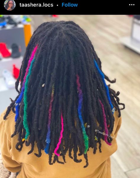 Rainbow Locs Black Women, Multi Colored Locs, Rainbow Locs, Loc Color Ideas, Loc Dye Ideas, Loc Dye, Dyed Dreadlocks, Colorful Dreads, Color Locs