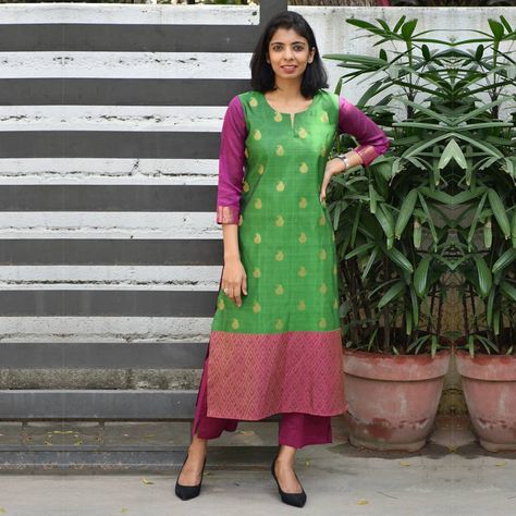 Some days you just want to wear something effortless & pretty. This kancheepuram silk kurta is meant exactly for such days :) . . .… Pattu Kurti Designs Latest, Pattu Kurti Designs, Effortless Pretty, Silk Kurti Designs, Kurta Patterns, Western Wear Dresses, Kids Blouse Designs, Churidar Designs, Saree Blouse Neck Designs