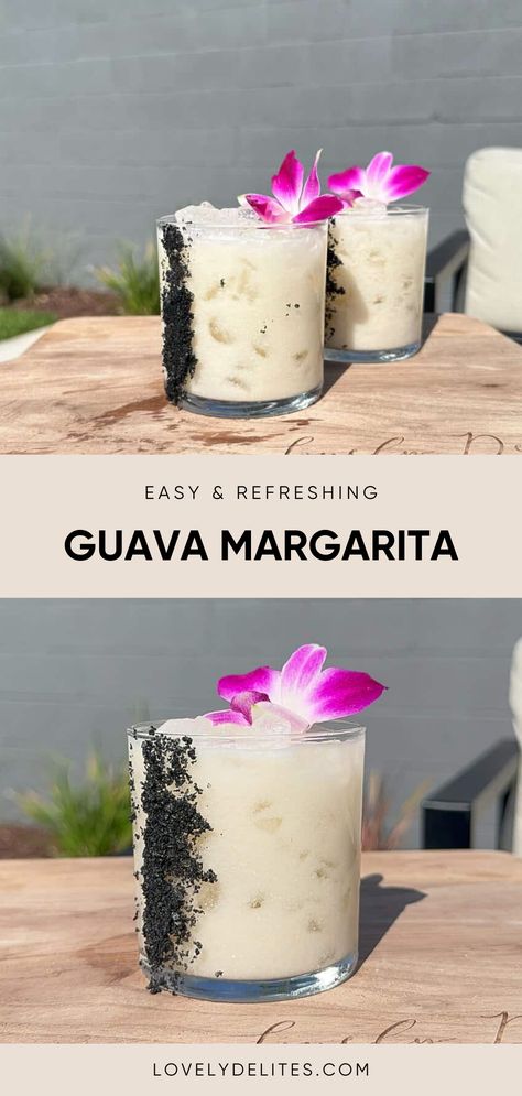 This easy Guava Margarita (Guavarita) is simple, refreshing and loaded with tropical flavors. It's made with tequila, guava juice, pineapple juice and coconut cream making it a refreshing summer cocktail! This is a great drink for Cinco De Mayo, 4th of July or any hot summer day. Spicy Guava Margarita, Guava Cocktail Recipes, Healthier Cocktails, Guava Cocktail, Guava Drink, Guava Margarita, Pineapple Guava, Yummy Cocktails, Coconut Margarita