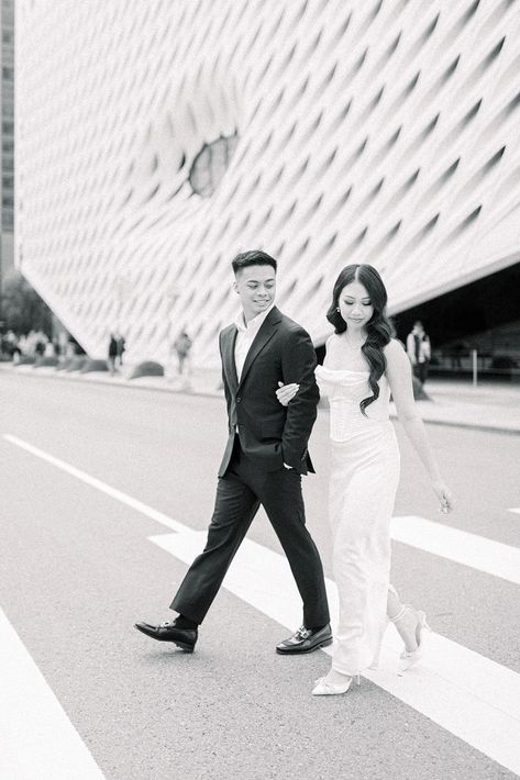 E+J's engagement session at the Broad Museum in Downtown Los Angeles Walt Disney Concert Hall Engagement Photos, Broad Museum, Los Angeles Engagement Photos, The Broad Museum, White Photoshoot, Walt Disney Concert Hall, Perfect Proposal, Engagement Inspo, Romantic Beach