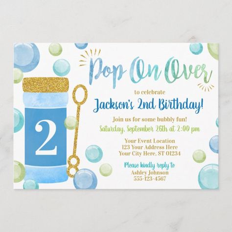 Bubble Birthday Invitation | Watercolor, Blue, Boy Bubble Birthday Party, Bubble Invitations, Birthday Party Blue, Second Birthday Boys, Bubble Birthday Parties, Birthday Party Boy, Bubble Birthday, Bubble Party, Party Boy