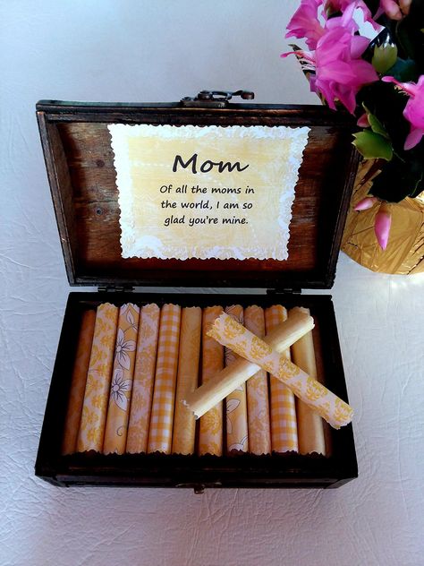 A sweet Christmas gift for your mom! This beautiful wood box is filled with the best quotes about wonderful mothers! #christmasgiftformom #momscrollbox #flirtycreations #momquotes Quotes About Moms, Divorce Gift, Grandma Quotes, Box Of Sunshine, Get Well Gifts, Wood Chest, Graduation Gifts For Her, Personalized Gifts For Mom, Sweet Quotes