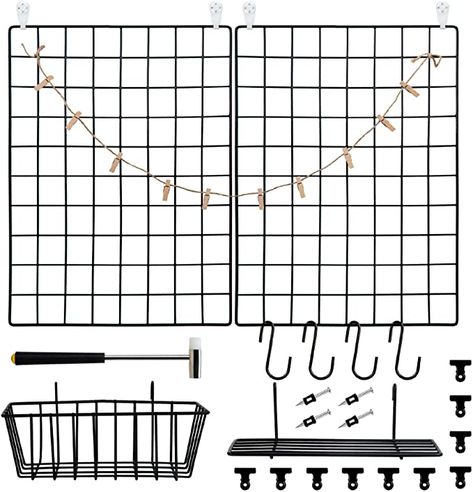 AmazonSmile - Wall Grid Wire Panels | Picture Organizer, Photo Decor Panel, Memo Board | 2 Pack 12.2" x 16.5" | Black Wire Basket and Shelf With Variety of Hangers, Hooks, Clips and Clothespins; Office Desk Metal - Wire Picture Holders, Black Wire Basket, Wall Grid, Desk Metal, Picture Organization, Grid Panel, Wall File, Picture Holders, Metal Desks