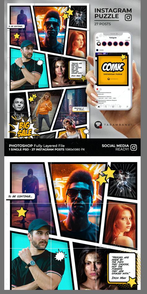 Instagram, social media, instagram puzzle, instagram templates, branding, comic Gamer Instagram Feed, Photo Grid Ideas, Comic Grid, Layout Design Minimalist, Instagram Layout Ideas Theme, Photo Grid Design, Instagram Grid Layout Ideas, Birthday Reference, Social Media Grid