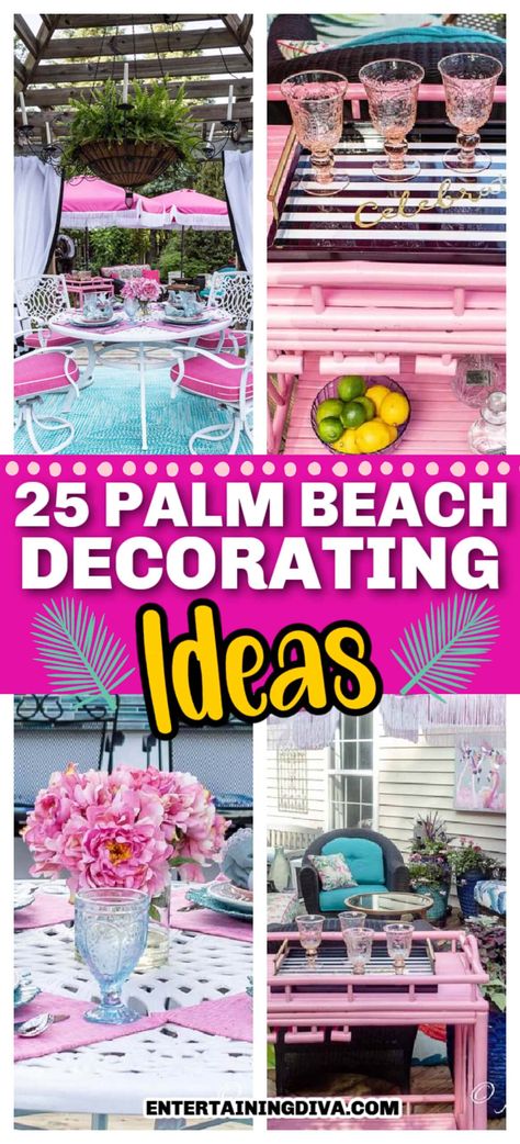 25 Deck Decorating Ideas & A Palm Beach Chic Deck Makeover | Palm Beach Chic Decor Palm Beach Chic Outdoor Decor, Pink Patio Decor, Pink Outdoor Decor, Colorful Backyard Ideas, Pink Outdoor Furniture, Painted Pool Deck, Colorful Patio Decorating Ideas, Black And White Curtains, Palm Royale