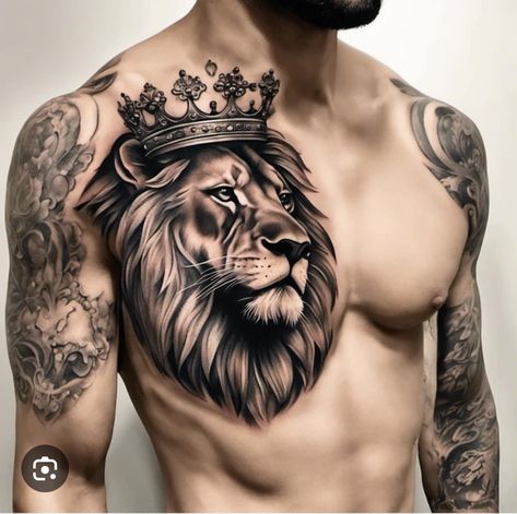 Lion Chest Piece Tattoo, Lion Tattoo On Chest For Men, Lion Tattoo Designs For Men, Tattoo Dada, Lion Tattoo Chest, Lion Chest Tattoo, Tato Dada, Animal Sleeve Tattoo, Typography Tattoo