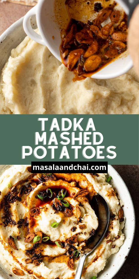 These Tadka Mashed Potatoes take the classic Thanksgiving side to a whole new level! Fluffy, buttery potatoes topped with flavorful Indian spices add warmth and depth to any holiday meal or dinner spread. Flavored Mashed Potatoes, Indian Potato Recipes, Dinner Spread, Buttery Potatoes, Best Indian Recipes, Indian Vegetarian Dishes, Indian Side Dishes, Mashed Potatoes Recipe, Classic Thanksgiving